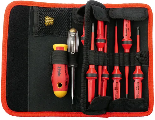 Felo Schraubendreher Werkzeugtasche 12-teilig E-smart slim VDE 063 SL - Schraubendreher-Set mit 12 Teilen, gefertigt in Deutschland, ideal für Elektriker dank VDE-Zertifizierung für maximale Sicherheit.