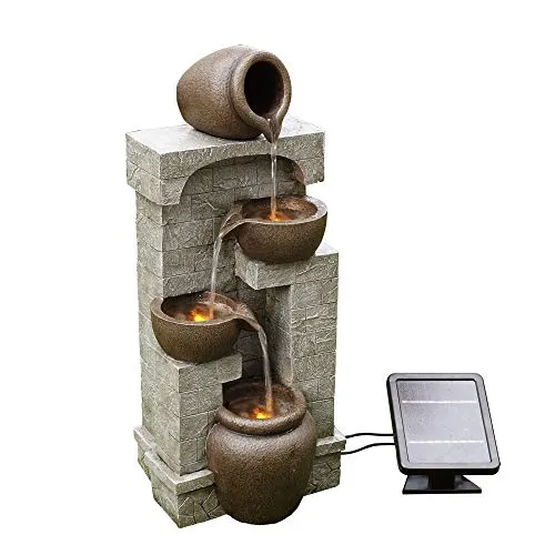 Teamson Home Solar-Gartenbrunnen - Gartenbrunnen aus Kunststoff in Steinoptik mit 4 kaskadierenden Schalen, LED-Lichtern und Solarbetrieb für entspannende Atmosphäre im Garten.