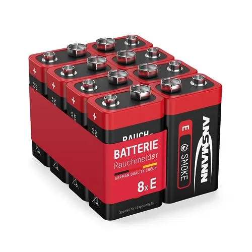 ANSMANN 9V E-Block Alkaline Batterien - 8 Stück Longlife, hohe Leistung für Rauchmelder und Alarmsysteme, extrem temperaturbeständig von -40°C bis +60°C