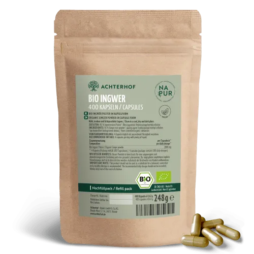 Bio Ingwer Kapseln 400 Stück | 500 mg Ingwer-Pulver pro Kapsel | Vegan und 100% Bio-Qualität vom Achterhof