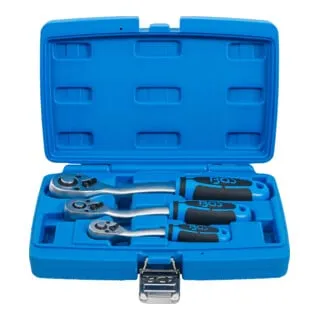 Umschaltknarren-Satz - 3-teilig, gekröpft, feinverzahnt - Schraubenschlüssel-Set mit rutschfestem 2-Komponenten-Griff, ideal für Handwerk und Werkstatt. Enthält drei feinverzahnte Umschaltknarren für vielseitige Anwendungen.