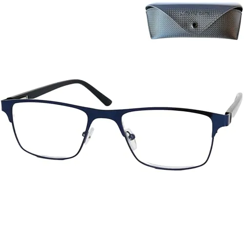 Mini Brille Metall Lesebrille mit rechteckigen Gläsern - mit Gratis Etui, Edelstahl Brillengestell (Blau), Eckige Lesehilfe Herren und Damen +1.0 Dioptrien