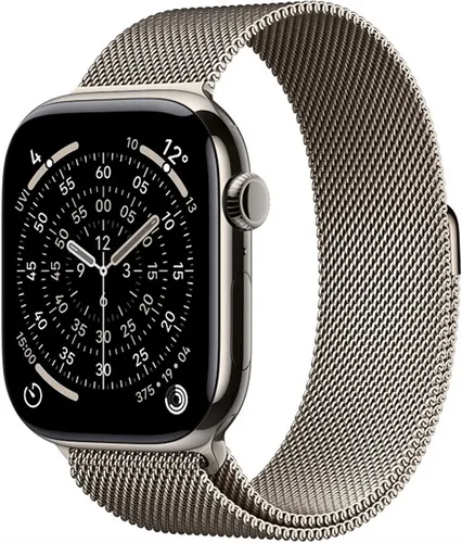Apple Watch Series 11 GPS + Cellular 46mm - Zubehör & Kabel, die ultimative Smartwatch für deine Gesundheit mit Hypertonie-Erkennung und Schlafindex, elegantes Gehäuse aus natürlichem Titan und beigem Milanese Loop