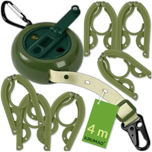 KRUMAD Ausziehbare Wäscheleine 4 Meter - Tragbare Wäscheleine Camping mit Stahlkarabiner - Faltbare Reise Leine für Haushalt, Balkon, Wohnwagen, Wohnmobil und Outdoor