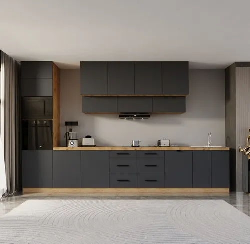 Küchenzeile Kl8-M440 in Grau, 440 cm - Moderne Küchenzeile in elegantem Grau mit durchdachtem Stauraumkonzept. Ideal für eine optimale Organisation in Ihrer Küche. Inklusive praktischer Schubladen und flexibler Einbaumöglichkeiten.