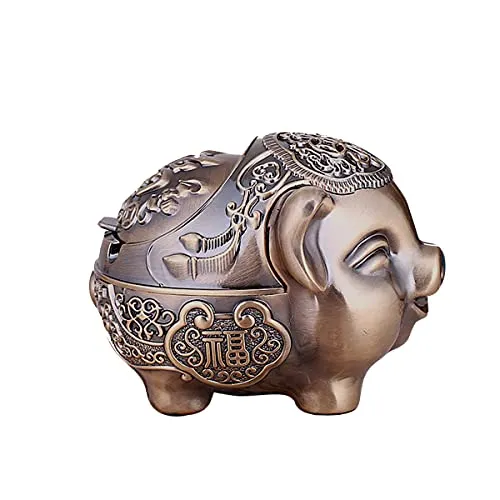 LIABI Schwein Aschenbecher Winddicht Aschenbecher mit Deckel Tragbar Aschenbecher für Außen Innen Metall Vintage Stil für Zuhause Büro Retro Bronze