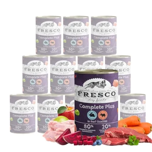Fresco Complete Plus Kaninchen mit Rind 400 g - 12 Stück für Hunde - Hochwertige Tiernahrung für Hunde mit 30 % Kaninchenfleisch und 15 % Rinderherz. Ideal für eine ausgewogene Ernährung, reich an natürlichen Zutaten und Vitaminen.