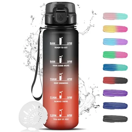 Grsta Wasserflasche 1L, Trinkflasche Sport mit Filter, Trinkflasche Auslaufsicher für Erwachsene, Wasserflaschemit Zeitmarkierung, für Wandern, Gym, Camping, Outdoor, Schwarzrot