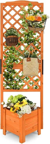 Costway Blumenkasten mit Spalier, Orange, Holz, 52x180x55 cm - Hochbeet aus 100 % Tannenholz mit Spalier für Kletterpflanzen, ideal für Balkon und Garten, bietet langlebige Qualität und einfache Montage.