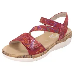 Remonte Keilsandalette - Rote Sommerschuhe mit Softfußbett - Wanderschuhe mit Klettverschluss und 4 cm Keilabsatz, ideal für komfortable Sommertage. Genießen Sie den gepolsterten Komfort des Softfußbetts und die stylischen Glitzerdetails.