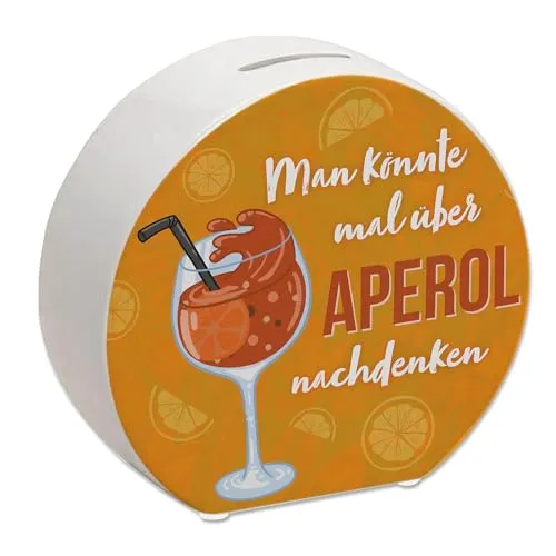 Cocktail Spardose mit Spruch Man könnte mal über Aperol nachdenken EIN buntes Sparschwein für den nächsten Bar-Ausflug Alkohol Motiv Frauen Sparbüchse Design Orangenscheiben