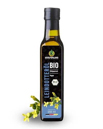 Kräuterland Bio Leindotteröl 250ml, Bio Leindotter, kaltgepresst, Rohkostqualität, reich an Vitamin E und Omega 3-6 Fettsäuren, naturrein ohne Zusatzstoffe, glasflasche, mühlenfrisch