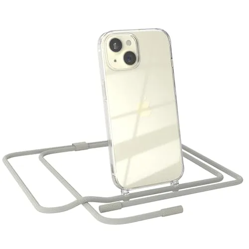 EAZY CASE - Handykette kompatibel mit iPhone 15 - dünne Handyhülle für iPhone 15 Hülle mit Band als Fallschutz Kette zum Umhängen transparente Hülle Silikon in Taupe