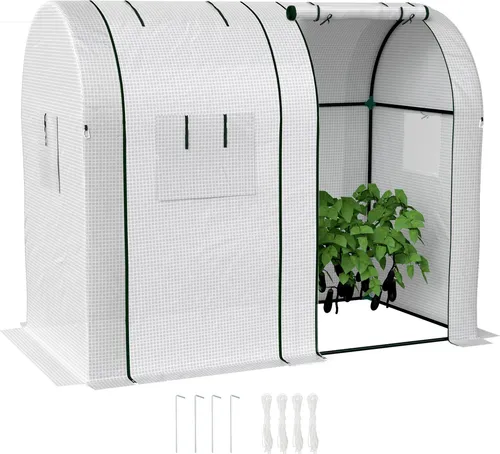 Outsunny 1,8 m² Gartengewächshaus, Tomatengewächshaus, Maße: 1,85 m (L) x 0,9 m (B) x 1,5 m (H), 2 aufrollbare Türen mit Reißverschluss, 4 aufrollbare Fenster, Stahl, hochdichtes PE (135 g/m²), UV-beständig, Weiß