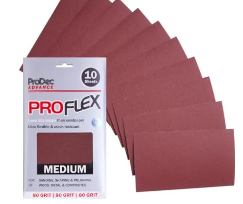 ProDec Advance Proflex Schleifpapier mit mittlerer Körnung 80, ultraflexibel, rissfest, Aluminiumoxid, Schleifpapier zum Schleifen von Holz, Farbe, Gips, Füllstoff, Metall und mehr, 230 x 140 mm, 10