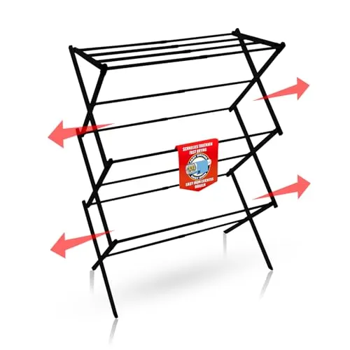 BigDean Wäscheständer platzsparend Schwarz – Teleskop Wäscheturm mit 6 Ebenen und 10m Trockenlänge - Standtrockner mit flexibler Teleskopfunktion, ideal für kleine Räume und Wohnungen. Kompakt zusammenklappbar, robust für schwere Textilien und stilvolles Design in Schwarz.