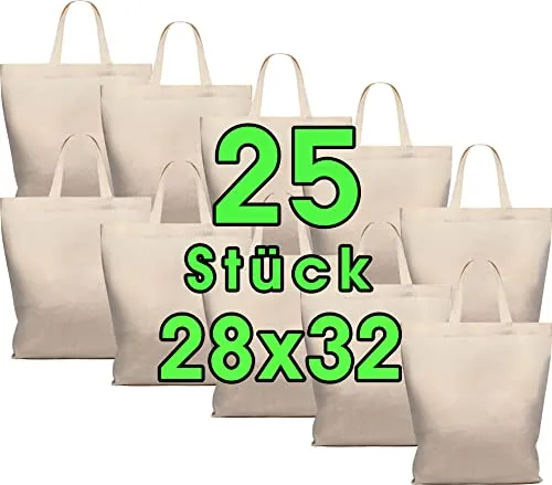 STÜCK Baumwolltasche 28 x 32 cm - Jutebeutel mittel – Natur Apothekertasche, Tragetasche, Garn Beutel Geschenktasche ÖKO-TEX® geprüft Stofftasche unbedruckt, kurze Henkel zum bemalen und bedrucken 25