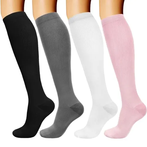 DRESHOW 4 Paar Kompressionsstrümpfe für Damen Herre Stützstrümpfe Kompressionssocken für Flug, Sport, Laufen, Radsport, Krankenschwester