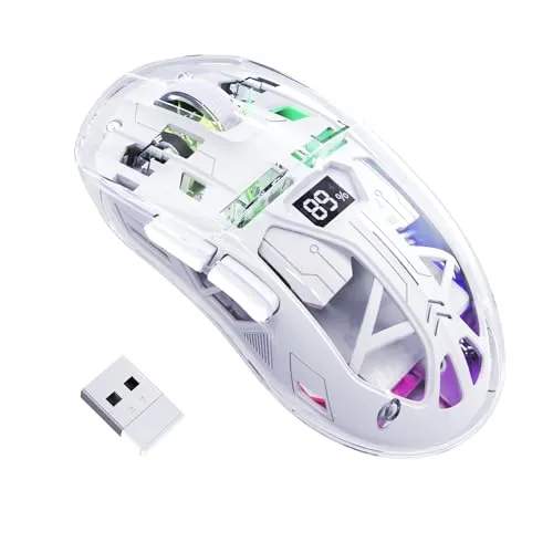 FREEWOLF A2 Kabellose Gaming-Maus, Dual-Mode 2,4G/Bluetooth PC-Gaming-Mäuse, RGB-Maus mit Akku-Display, Transparente Hülle, PixArt 3212, 4000 DPI 5 Einstellbar, für Win/MAC - Glasiertes Weiß