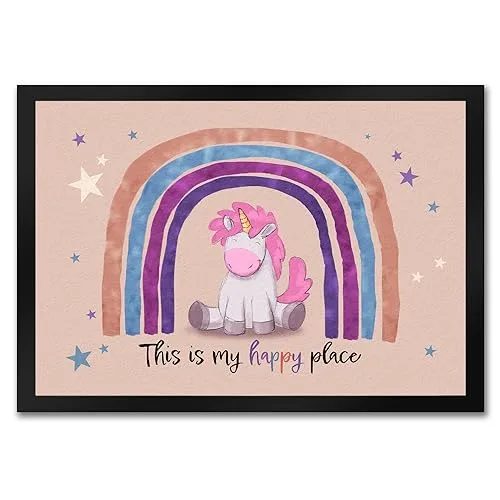 speecheese This is My Happy Place Fußmatte in 35x50 cm mit niedlichem Einhorn Baby Kinder Lieblingsplatz Dekoration Unicorn Regenbogen Sterne Kinderzimmer