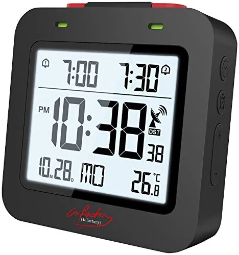 infactory Digitaler Reise-Funkwecker mit Thermometer - Wecker mit Dual-Alarm und Thermometer, ideal für Reisen und unterwegs, kompakt und praktisch in schwarz.