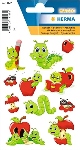 HERMA 15147 Aufkleber Wurm klein groß, 11 Stück, Wackelaugen Tiere Sticker mit Raupe Apfel Motiv, Kinder Etiketten für Fotoalbum Tagebuch Poesiealbum Scrapbooking Geburtstag Dekoration Briefe Basteln