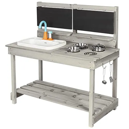 ONVAYA® Matschküche aus Holz - Grau - Küchen-Spielzeugsets, wetterfeste Outdoor Spielküche mit Waschbecken, Stauraum und abnehmbarem schwarzen Brett für kreatives Spielen.