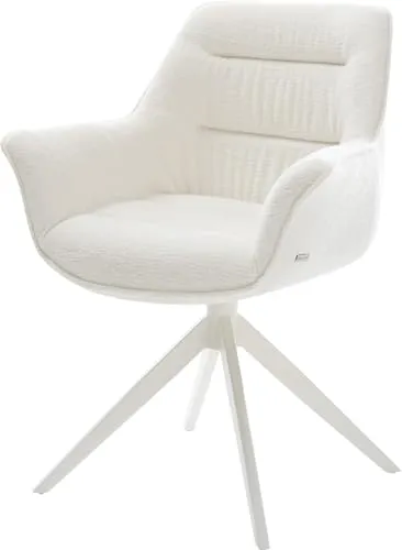 DELIFE Drehstuhl Kaira-Flex Bouclé Soft Beige mit Wippfunktion - Moderner Esszimmerstuhl Kaira-Flex in trendigem Bouclé-Stoff. Das breite Kreuzgestell sorgt für Stabilität, während die Wippfunktion den Sitzkomfort erhöht. Ideal für stilvolle und gemütliche Essbereiche.