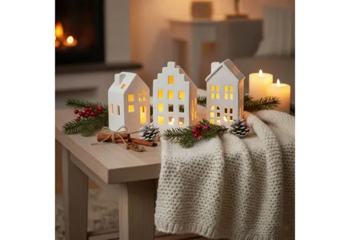 Levandeo® Teelichthalter, 3er Set Teelichthalter Weiß Haus Keramik Kerzenhalter Lichthaus