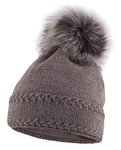 Neverless® gefütterte Damen Strickmütze mit Fell-Bommel und Fleece Futter, Winter-Mütze, Bommelmütze Braun