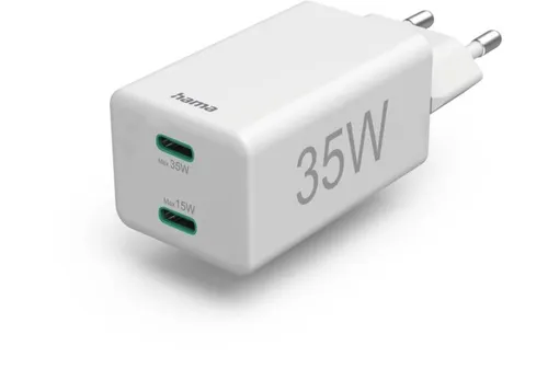HAMA 2x USB-C Schnellladegerät 35 Watt - Universal Schnellladegerät mit PD und Qualcomm-Technologie für blitzschnelles Laden von Geräten, ideal für unterwegs.