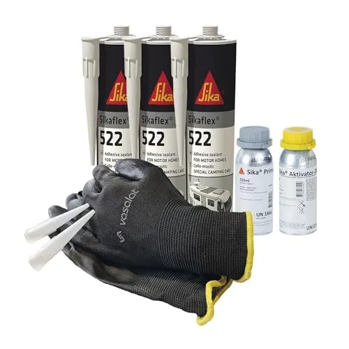 Sikaflex 522 Caravan schwarz - 3x 300ml mit Aktivator 205 und Primer 210 - Dicht- & Spachtelmassen für langlebige Abdichtung von Buntmetallen, ideal für Wohnmobile und Klima-Anwendungen, mit hoher Haftstärke und Witterungsbeständigkeit.