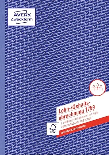 Produktbild AVERY Zweckform 1759 Lohn-/Gehaltsabrechnung (A4, selbstdurchschreibend, für Deutschland, von Rechtsexperten geprüft und vom Finanzamt anerkannt, 2x40 Blatt) weiß/gelb