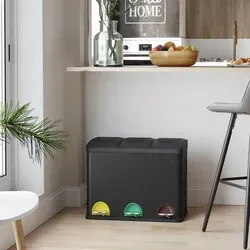Songmics Mülleimer LTB45B, tintenschwarz, 3 x 15 Liter - Haushaltszubehör: Eleganter Treteimer aus Metall mit 3 Inneneimern für müheloses Mülltrennen und einem Soft-Close Deckel für leises Schließen.