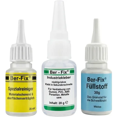 Ber-Fix Profi Füllstoff Set für Klebeprojekte - Hochwertiger Sekundenkleber für PVC, GFK, Gummi, Metall, ABS, Keramik, Holz und Stein. Lösungsmittelfrei, schnelle Trocknung in nur 2 Sekunden – ideal für vielseitige Anwendungen.