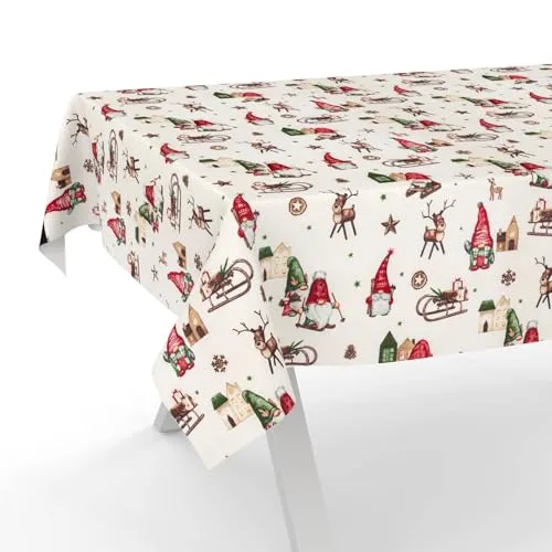 Tischdecke Weihnachten Weihnachtstischdecke abwaschbar Lotuseffekt wasserabweisend Tischtuch pflegeleicht Baumwolle Polyester Motiv Weihnachtszwerg 240x140cm