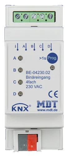MDT technologies Binäreingang BE-04230.02 4fach 2TE REG - KNX Binäreingang 4-fach für 230 V AC, mit LED-Anzeige und innovativer Gruppensteuerung. Ideal für die flexible Steuerung von Tastern und Schaltern in modernen Smart Homes.