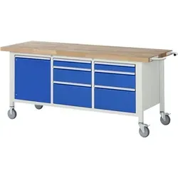 Rau Fahrbare Werkbank Modell 8570 - 2000x700x880mm - Robuste Werkbank mit 6 Schubladen und 1 Tür, ideal für Werkstätten und Büros. Massive Buchen-Platte mit umweltfreundlichem Schutz, max. Flächenlast 450 kg.