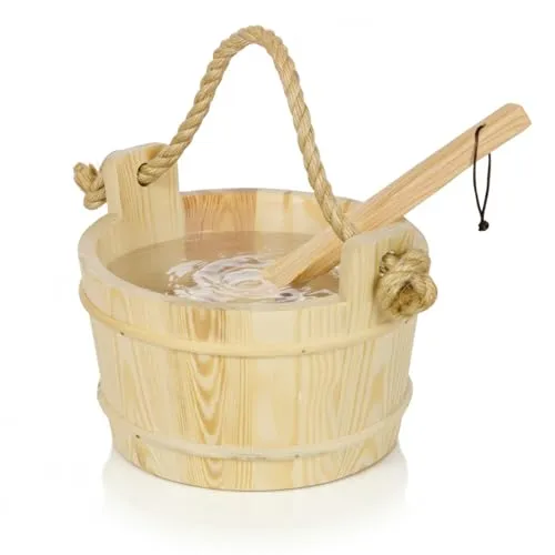 Suleno Sauna Zubehör Set - Saunaeimer mit Kelle aus Nadelholz, PVC-Einsatz, Auslaufsicher, Naturholz, Extralange & tropffreie Saunakelle, Aufgusseimer Set, Hochwertiges Sauna Set 3-teilig
