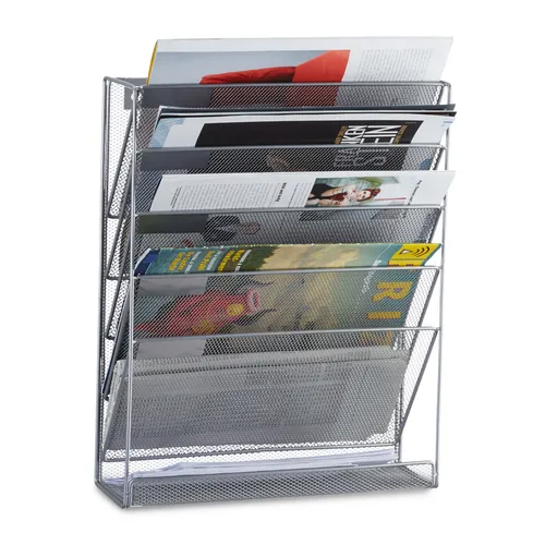 Relaxdays Zeitungsständer aus Metall, silber, Wandmontage - Moderne Wandhalterung für 5 Fächer im DIN A4 Format, ideal für Zeitungen und Zeitschriften. Mit zusätzlicher Ablage für Stifte und Schlüssel, sorgt für Ordnung und Übersichtlichkeit.
