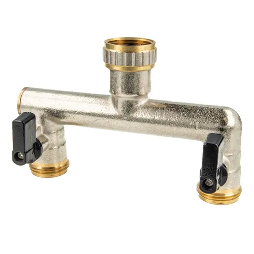 tecuro 2-Wege Verteiler 3/4 Zoll mit 2 x Kugelventil, für Zapfstelle, Messing vernickelt