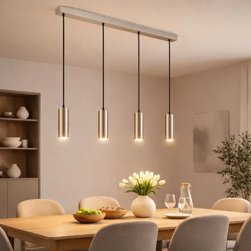 Moderne Pendellampe für Wohnzimmer, 4-flammige LED Hängeleuchte in Chrom - Stylische 4-flammige Pendellampe für Esstische, inklusive 4x 3 Watt LED-Leuchtmittel, sorgt für warmweißes Licht und setzt elegante Akzente in Ihrem Wohnraum.