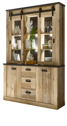 Furn.Design Buffet Stove - Buffetschrank in Used Wood, 133 x 201 cm - Wohnzimmerschrank mit Schiebetüren und Soft-Close-Funktion, bietet 15 Fächer und 10 verstellbare Einlegeböden für optimale Stauraumnutzung.