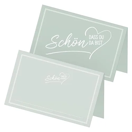itenga 48x Tischkarten „Schön, DASS du da bist“ V2 – Platzkarten Namensschilder – 9 x 5 cm – ideal für Hochzeit, Taufe, Geburtstag, Feier – 13 Farben verfügbar (eukalyptus grün)