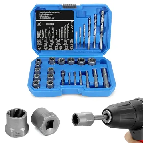QWORK® 26tlg schraubenausdreher set profi, Steckschlüssel Einsatz, Linksausdreher set, 8-19mm