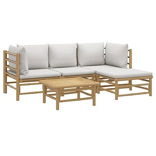 vidaXL Garten Lounge Set 5-TLG. mit Hellgrauen Kissen - Modulares Gartenmöbel Set aus robustem Bambus für höchsten Sitzkomfort und Flexibilität im Außenbereich. Ideal für entspannte Stunden auf Terrasse oder im Garten.