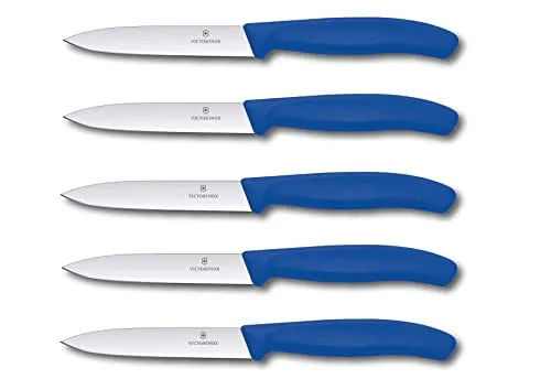 Victorinox 5-tlg Gemüsemesser Set Swiss Classic Blau - Obstmesser & Gemüsemesser mit extra scharfem Schliff und 10 cm Klingenlänge. Ideal zum mühelosen Schneiden von Gemüse und Früchten, spülmaschinengeeignet für einfache Reinigung.