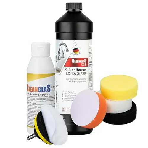Reinigungsset für Bad & Dusche | Kalkentferner & Glasreinigungs-Politur - Reinigungsmittel für effektive Entfernung von Kalk und hartnäckigen Ablagerungen. Inklusive Mikrofasertuch und Polieraufsätzen für streifenfreie Ergebnisse und strahlenden Glanz.
