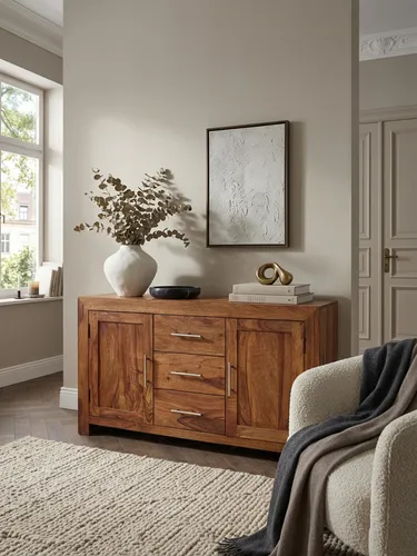 Massivholz Sideboard Sheesham Kommode 118 cm - Elegante Kommode im Landhaus-Stil mit 3 Schubladen und 2 Türen für viel Stauraum. Handgefertigt aus edlem Sheesham-Holz, jedes Stück ein Unikat.
