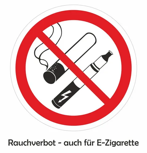 Aufkleber Rauchverbot für E-Zigarette 90 x 70 mm - Hochwertiger Aufkleber für Rauchverbote, auch für E-Zigaretten. Witterungsbeständige PVC-Folie, einfach anzubringen und langlebig. Ideal für öffentliche Plätze und Einrichtungen.